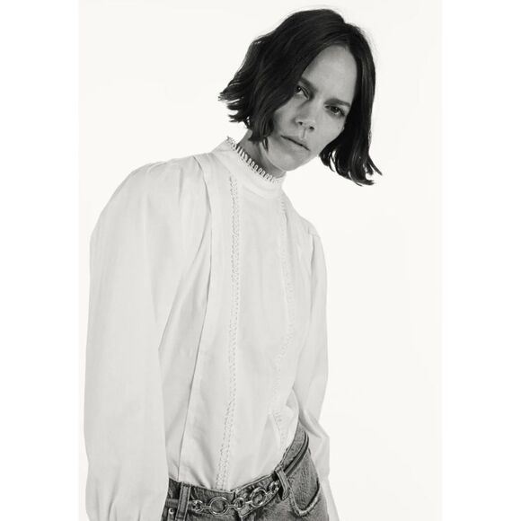 SCALLOPED COTTON POPLIN TOP BLOUSE - Picture 1 of 5